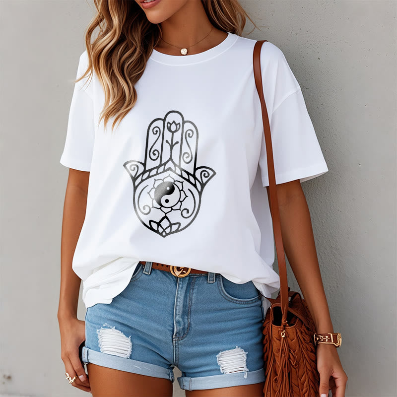 Buddha Stonesハムサハンド陰陽柄TシャツコットンTシャツ - image 10