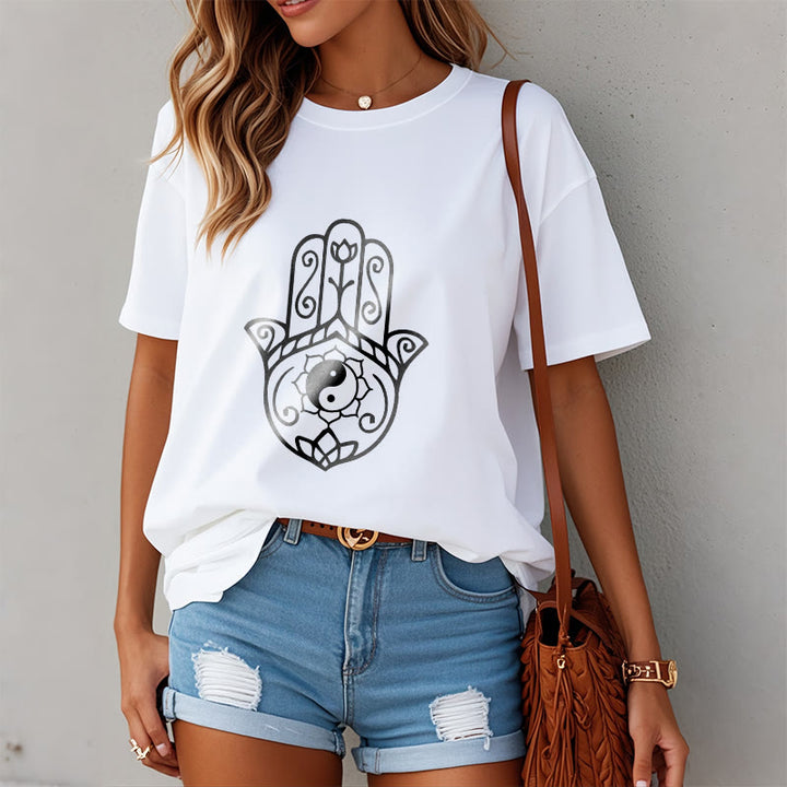 Buddha Stonesハムサハンド陰陽柄TシャツコットンTシャツ - image 10