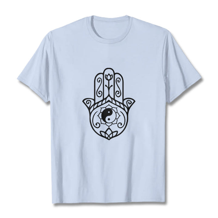 Buddha Stonesハムサハンド陰陽柄TシャツコットンTシャツ - ライトシアン - 2XL - image 19