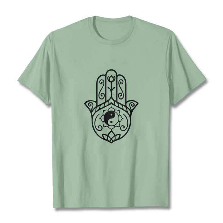 Buddha Stonesハムサハンド陰陽柄TシャツコットンTシャツ - ペールグリーン - 2XL - image 15