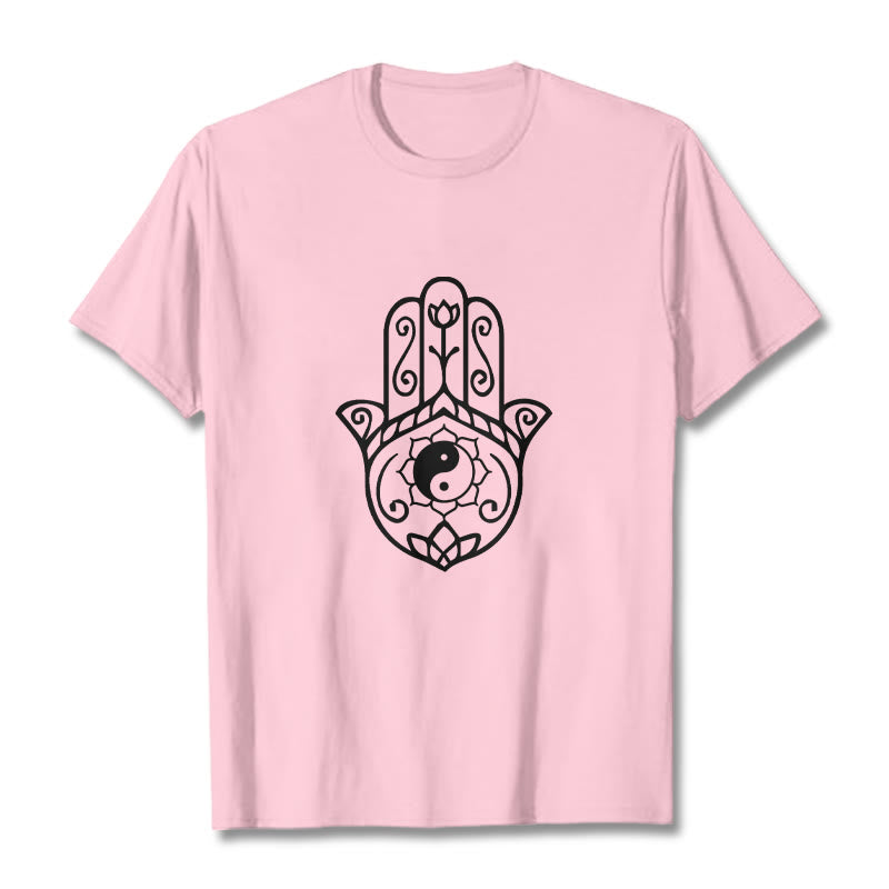Buddha Stonesハムサハンド陰陽柄TシャツコットンTシャツ - ライトピンク - 2XL - image 13