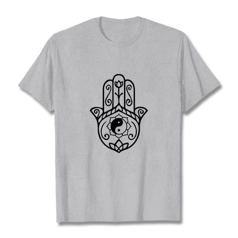 Buddha Stonesハムサハンド陰陽柄TシャツコットンTシャツ - ライトグレー - 2XL - image 20