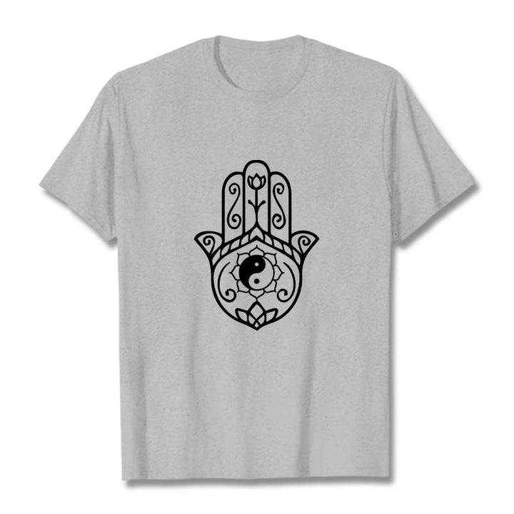Buddha Stonesハムサハンド陰陽柄TシャツコットンTシャツ - ライトグレー - 2XL - image 20
