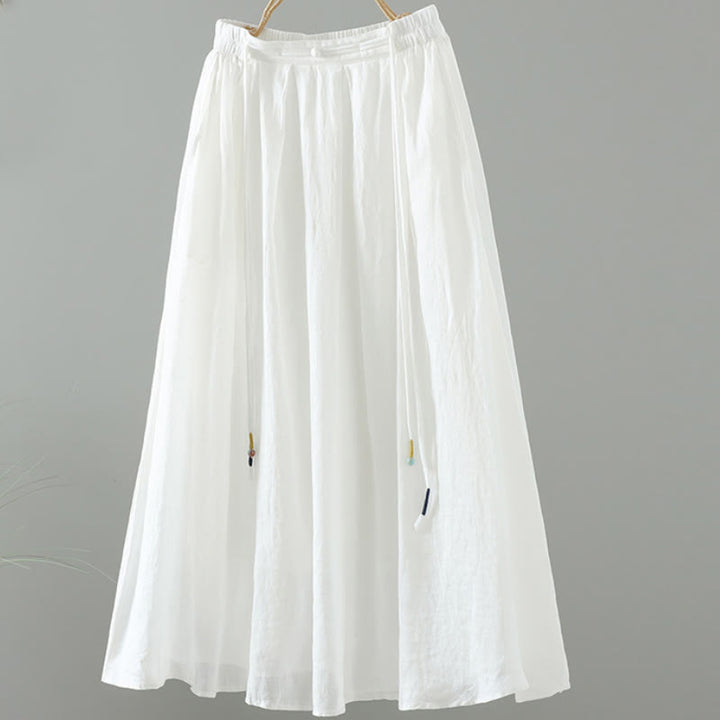 Buddha Stones夏 レトロ 純色 タッセルデザイン レディース スカート ポケット付き - 白 - US12、 UK/AU16、 EU44 (2XL) - image 5