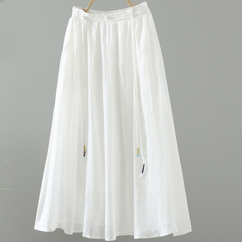 Buddha Stones夏 レトロ 純色 タッセルデザイン レディース スカート ポケット付き - 白 - US12、 UK/AU16、 EU44 (2XL) - image 5