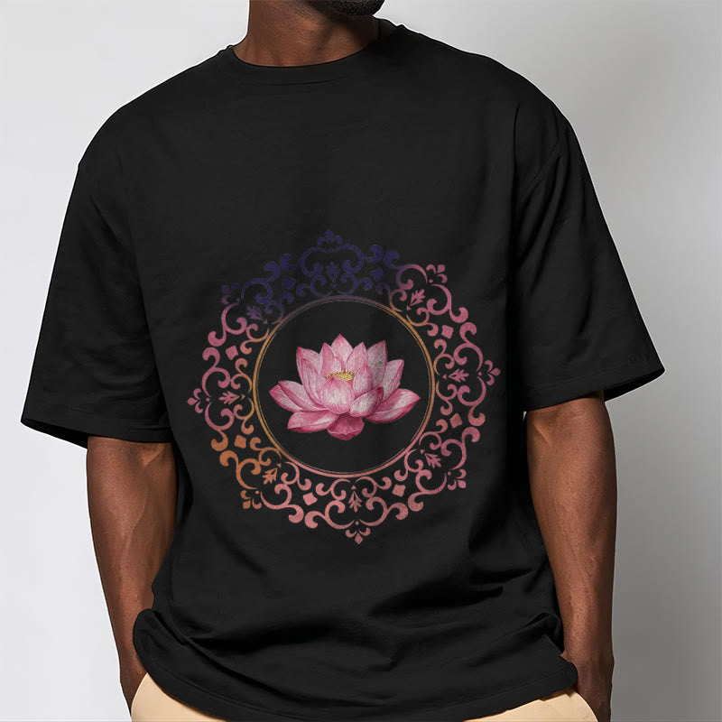 Buddha Stones曼荼羅ピンク蓮柄TシャツコットンTシャツ - image 1