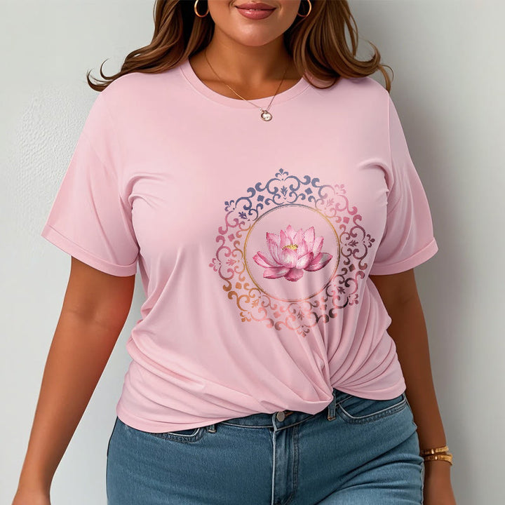 Buddha Stones曼荼羅ピンク蓮柄TシャツコットンTシャツ - image 13