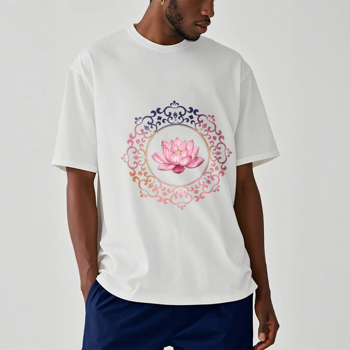 Buddha Stones曼荼羅ピンク蓮柄TシャツコットンTシャツ - image 6