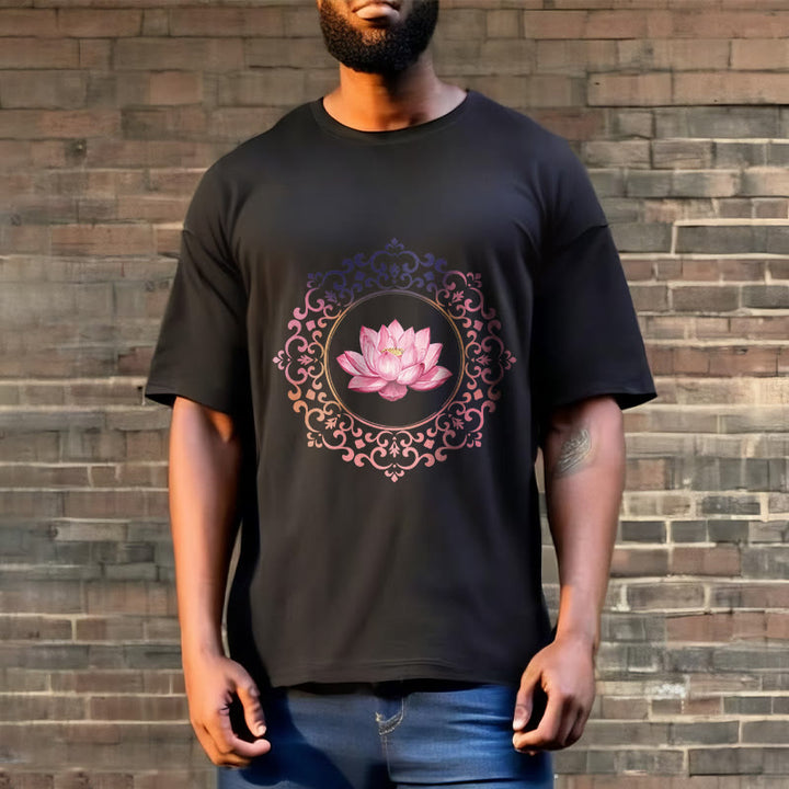 Buddha Stones曼荼羅ピンク蓮柄TシャツコットンTシャツ - image 2