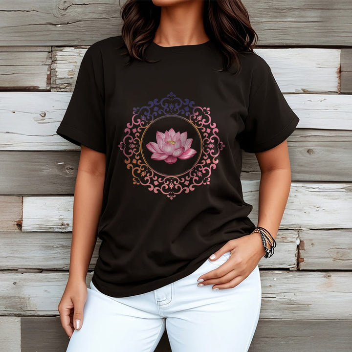 Buddha Stones曼荼羅ピンク蓮柄TシャツコットンTシャツ - image 3