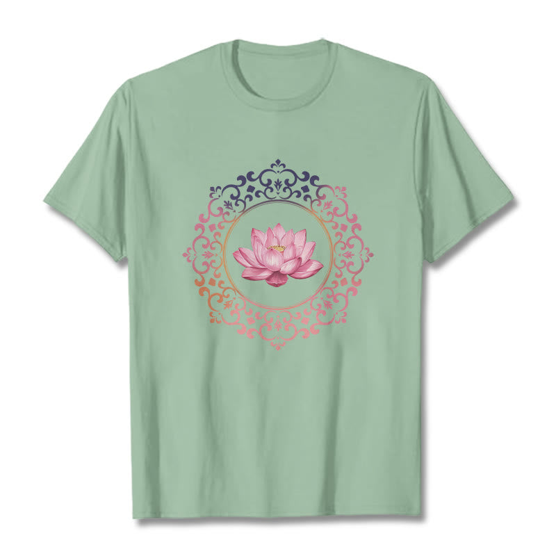 Buddha Stones曼荼羅ピンク蓮柄TシャツコットンTシャツ - ペールグリーン - 2XL - image 14