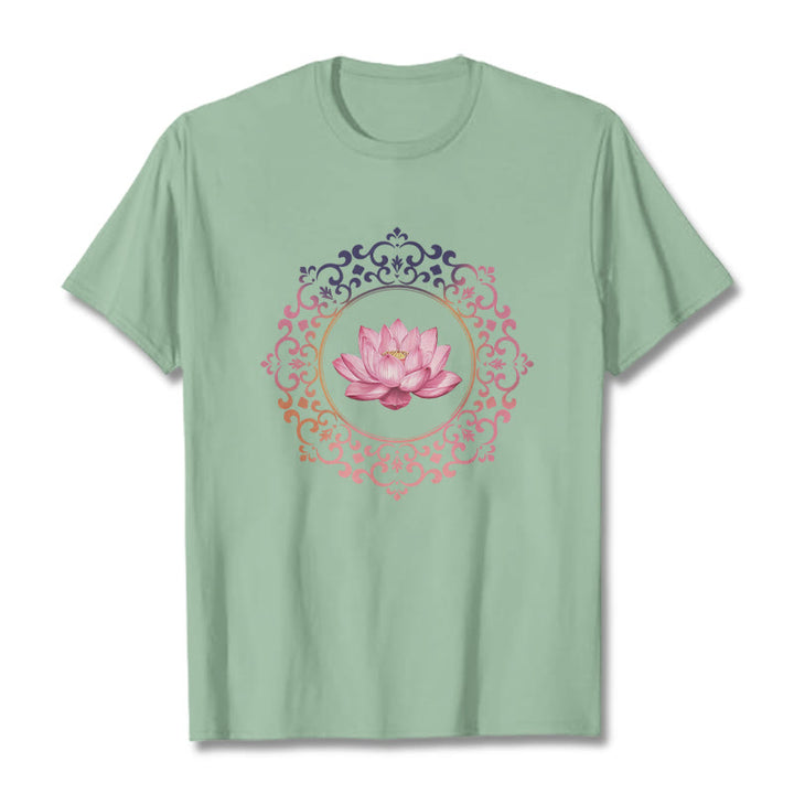 Buddha Stones曼荼羅ピンク蓮柄TシャツコットンTシャツ - ペールグリーン - 2XL - image 14