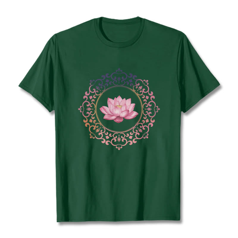 Buddha Stones曼荼羅ピンク蓮柄TシャツコットンTシャツ - フォレストグリーン - 2XL - image 10