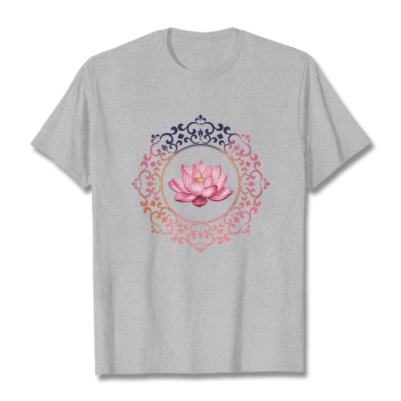 Buddha Stones曼荼羅ピンク蓮柄TシャツコットンTシャツ - ライトグレー - 2XL - image 19