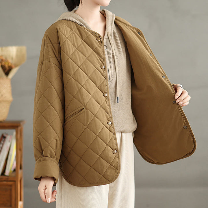 Buddha Stonesレディース ボタンデザイン コットン サーマル ダイヤモンドキルティング 長袖 ジャケット ポケット付き - image 4