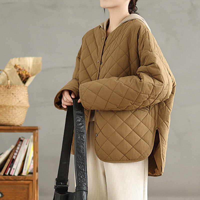 Buddha Stonesレディース ボタンデザイン コットン サーマル ダイヤモンドキルティング 長袖 ジャケット ポケット付き - image 2