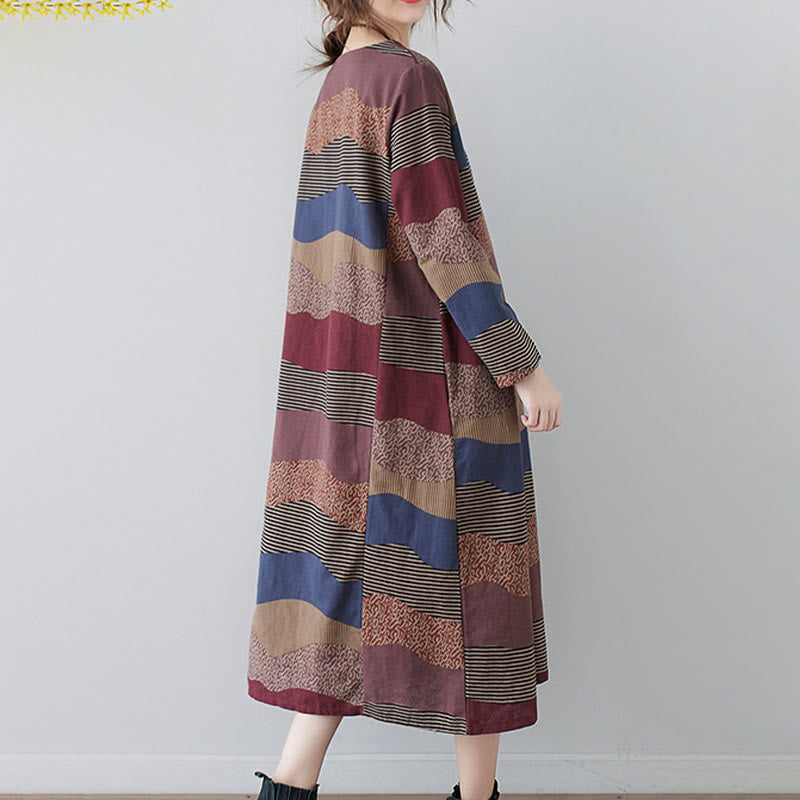 Buddha Stonesエスニックプリントストライプ柄長袖コットンリネンミディドレス（ポケット付き） - image 8