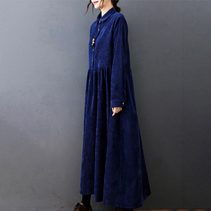 Buddha Stones秋ボタンデザイン 長袖 コットンコーデュロイ ミディドレス ポケット付き - image 23