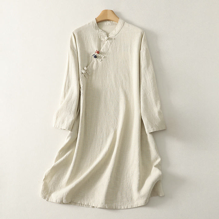 Buddha Stonesスプリング 斜め留め カエルボタンデザイン コットン 長袖 ミディドレス - リネン - US12、 UK/AU16、 EU44 (2XL) - image 6