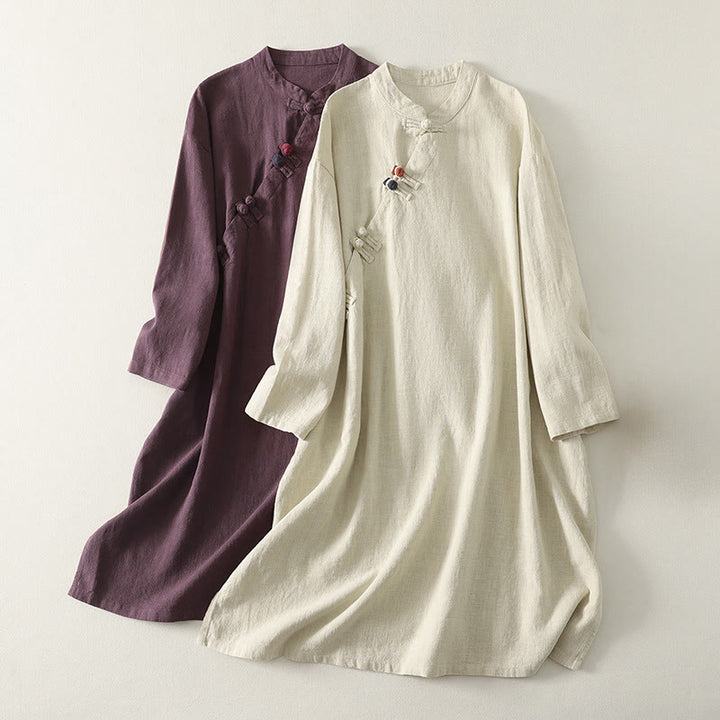 Buddha Stonesスプリング 斜め留め カエルボタンデザイン コットン 長袖 ミディドレス - image 0