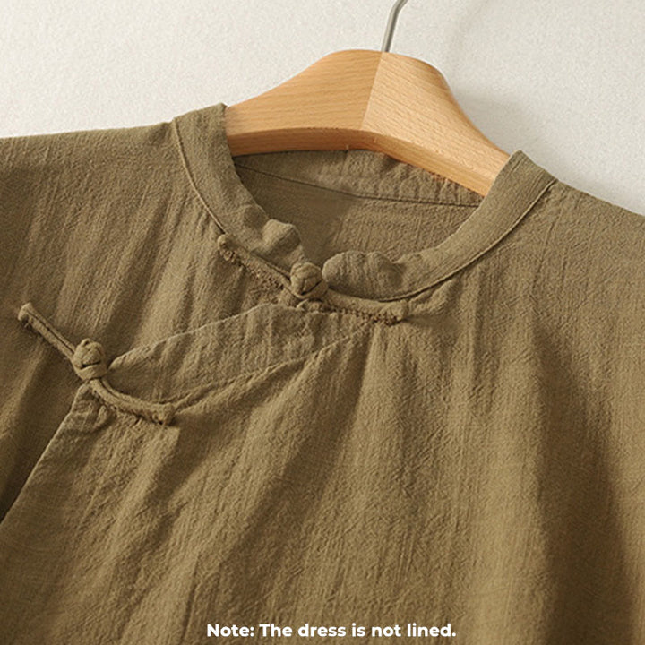 Buddha Stonesヴィンテージ プレーン フロッグボタン アシンメトリーデザイン 長袖 コットンリネン ミディドレス - image 2