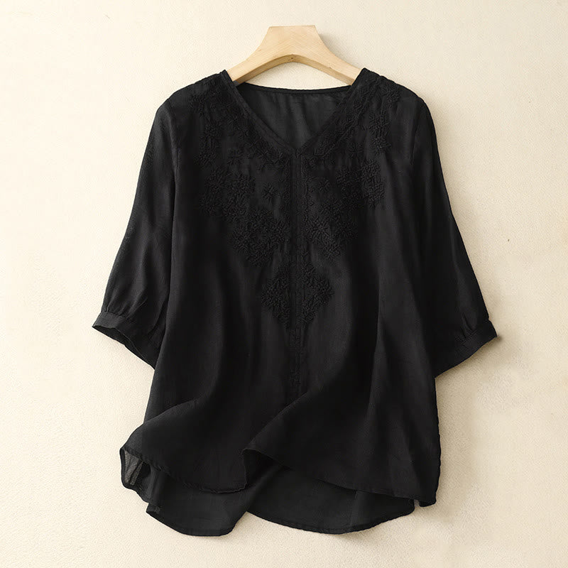 Buddha StonesVネックライン刺繍 レディース 半袖シャツ - 黒 - US12、 UK/AU16、 EU44 (2XL) - image 12