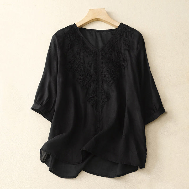 Buddha StonesVネックライン刺繍 レディース 半袖シャツ - 黒 - US12、 UK/AU16、 EU44 (2XL) - image 12