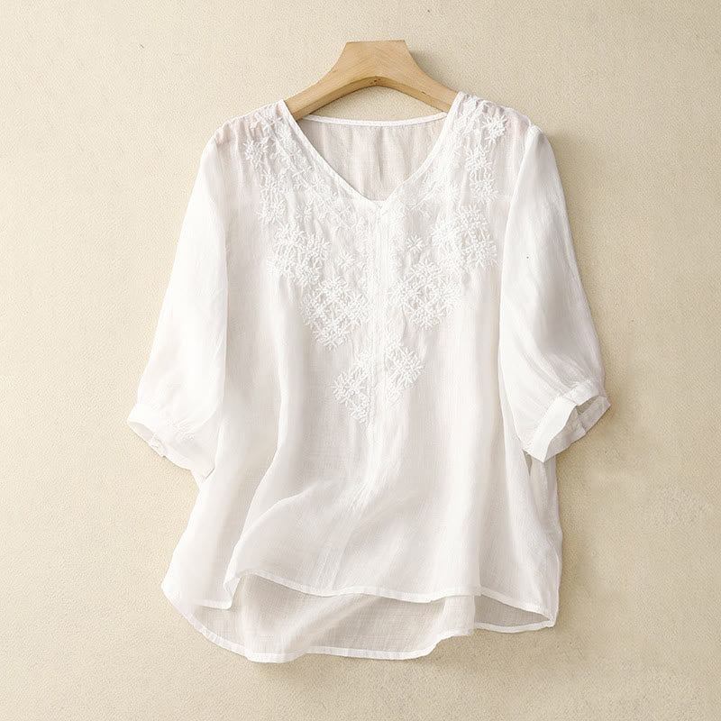 Buddha StonesVネックライン刺繍 レディース 半袖シャツ - 白 - US12、 UK/AU16、 EU44 (2XL) - image 16