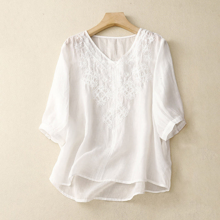 Buddha StonesVネックライン刺繍 レディース 半袖シャツ - 白 - US12、 UK/AU16、 EU44 (2XL) - image 16