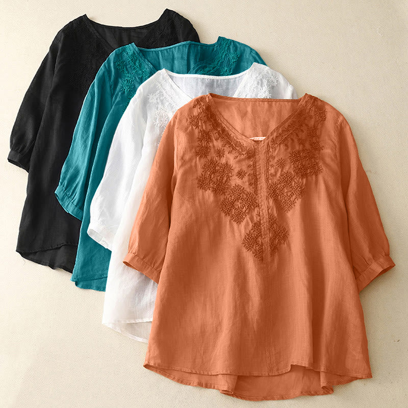 Buddha StonesVネックライン刺繍 レディース 半袖シャツ - image 20