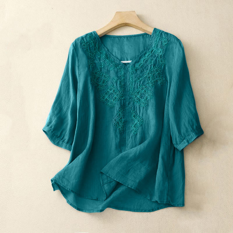Buddha StonesVネックライン刺繍 レディース 半袖シャツ - ダークターコイズ - US12、 UK/AU16、 EU44 (2XL) - image 1