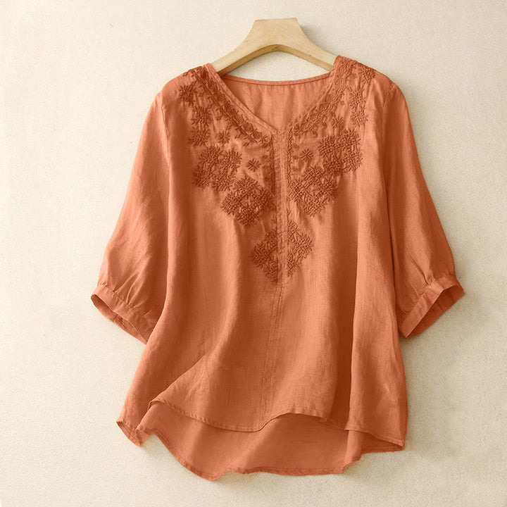 Buddha StonesVネックライン刺繍 レディース 半袖シャツ - サンディブラウン - US12、 UK/AU16、 EU44 (2XL) - image 6