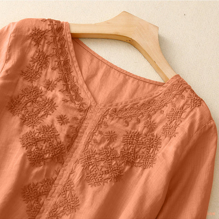 Buddha StonesVネックライン刺繍 レディース 半袖シャツ - image 11
