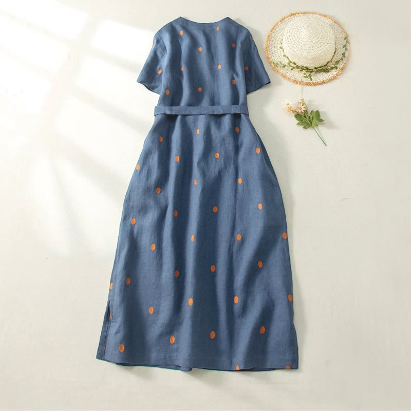Buddha Stonesカジュアル ドット柄 半袖 レースアップ コットンリネン レディース ミディドレス ポケット付き - image 1