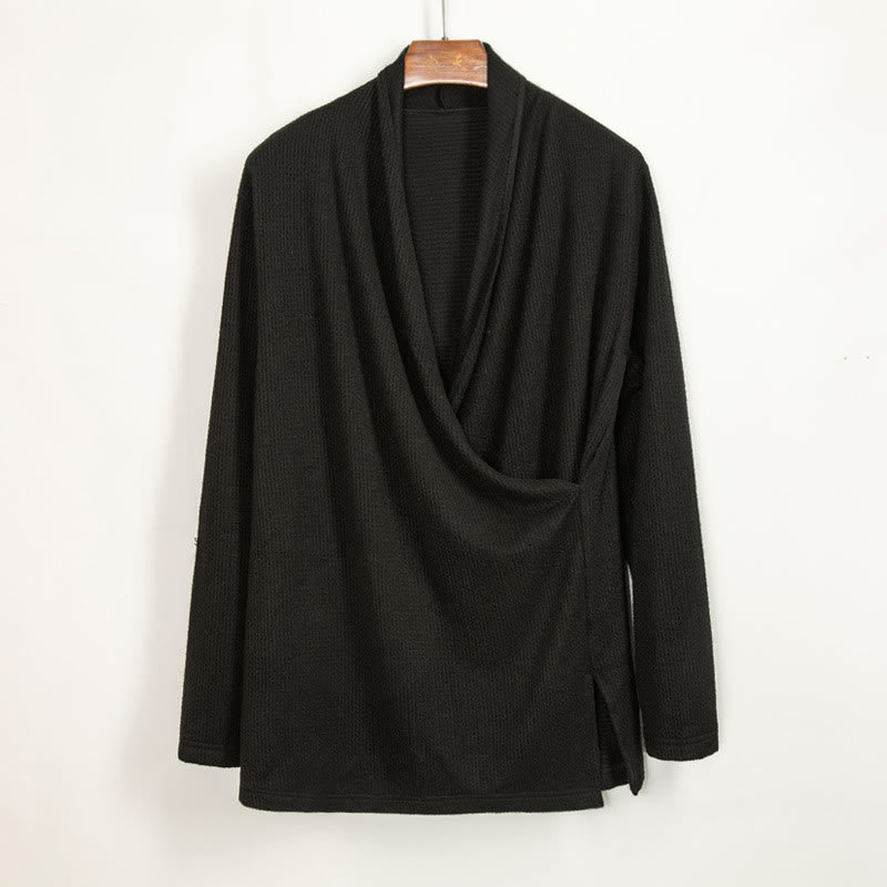 Buddha Stones無地 不規則な襟デザイン メンズ コットン 長袖 ジャケット シャツ - 黒 - US/UK/AU44、 EU54 (4XL) - image 0