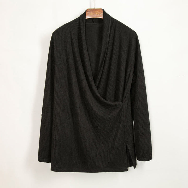 Buddha Stones無地 不規則な襟デザイン メンズ コットン 長袖 ジャケット シャツ - 黒 - US/UK/AU44、 EU54 (4XL) - image 0