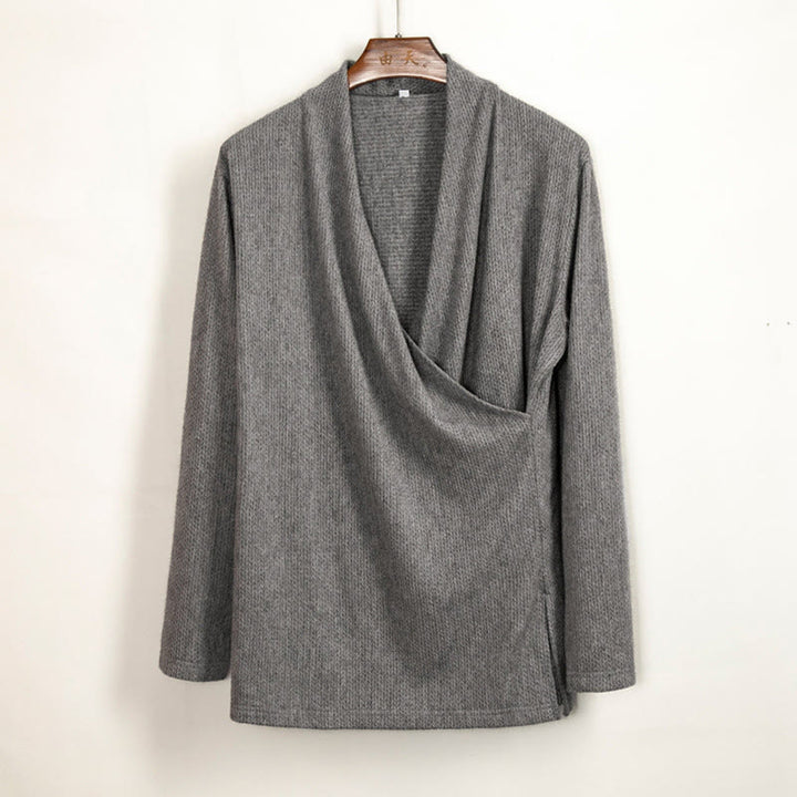 Buddha Stones無地 不規則な襟デザイン メンズ コットン 長袖 ジャケット シャツ - グレー - US/UK/AU44、 EU54 (4XL) - image 2