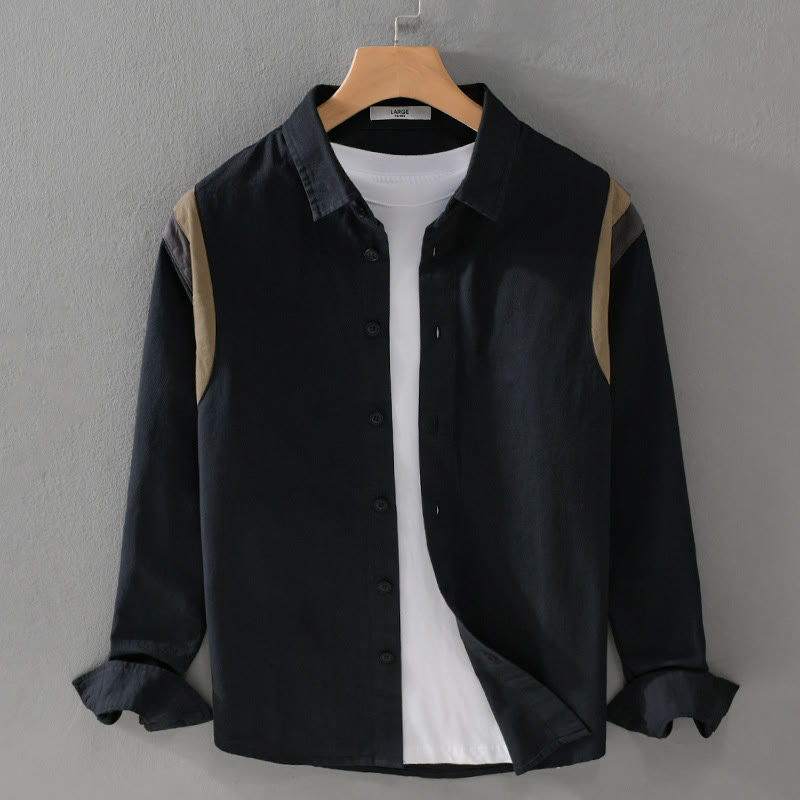 Buddha Stones春カラーコントラスト パッチワークデザイン 長袖 メンズ コットンシャツ 服 - 黒 - US/UK/AU42、 EU52 (3XL) - image 7