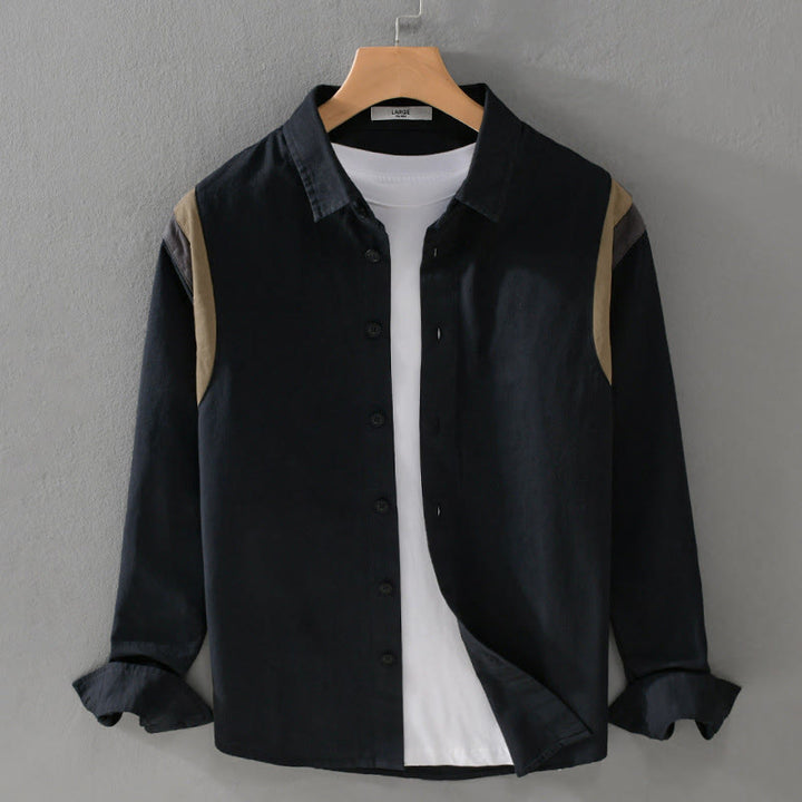 Buddha Stones春カラーコントラスト パッチワークデザイン 長袖 メンズ コットンシャツ 服 - 黒 - US/UK/AU42、 EU52 (3XL) - image 7