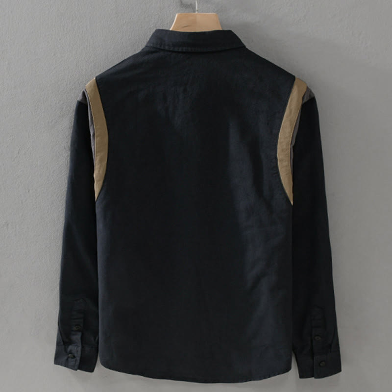 Buddha Stones春カラーコントラスト パッチワークデザイン 長袖 メンズ コットンシャツ 服 - image 8