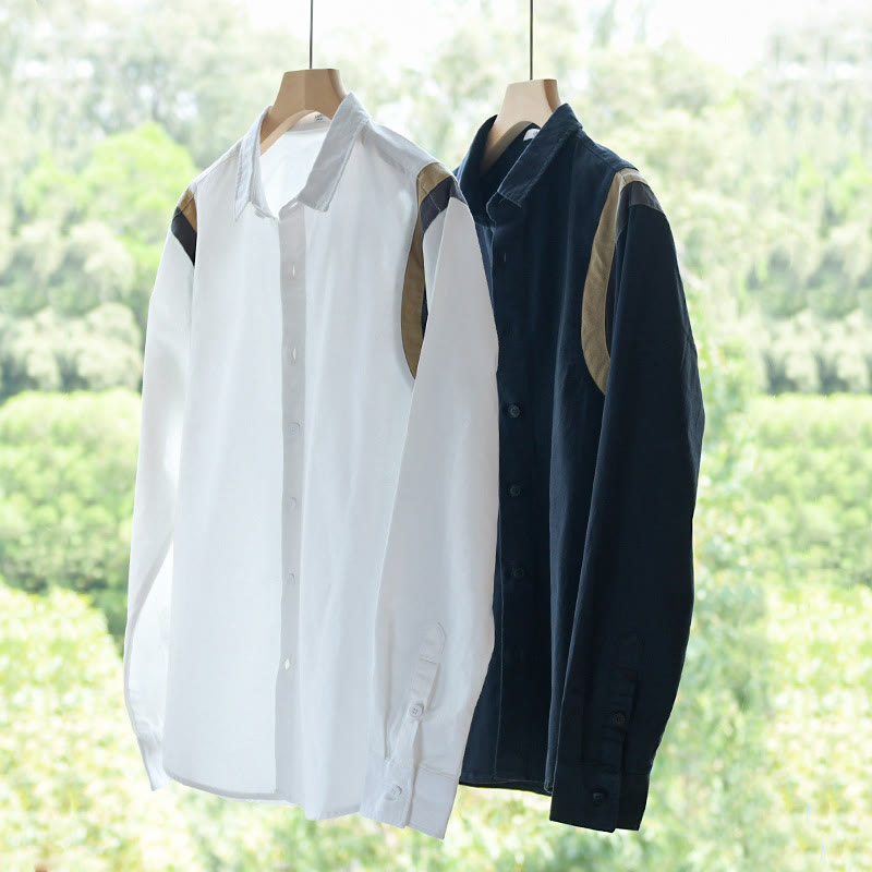 Buddha Stones春カラーコントラスト パッチワークデザイン 長袖 メンズ コットンシャツ 服 - image 15