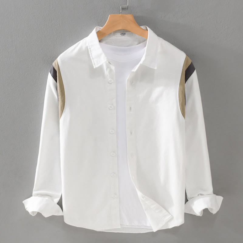 Buddha Stones春カラーコントラスト パッチワークデザイン 長袖 メンズ コットンシャツ 服 - 白 - US/UK/AU42、 EU52 (3XL) - image 0