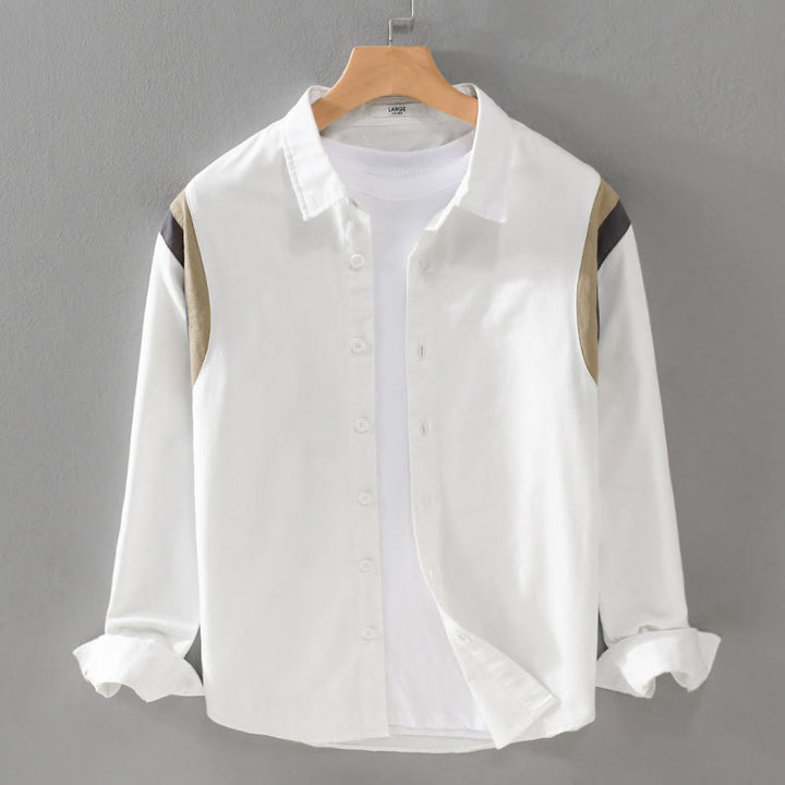 Buddha Stones春カラーコントラスト パッチワークデザイン 長袖 メンズ コットンシャツ 服 - 白 - US/UK/AU42、 EU52 (3XL) - image 0
