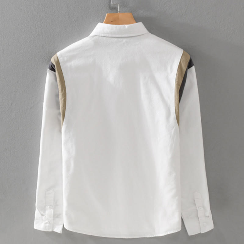 Buddha Stones春カラーコントラスト パッチワークデザイン 長袖 メンズ コットンシャツ 服 - image 1