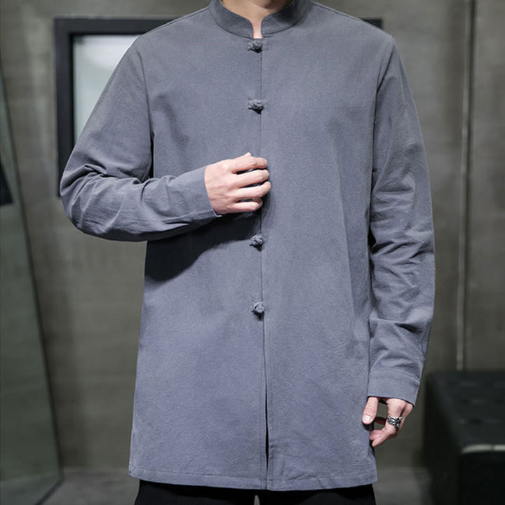 Buddha Stonesシンプル 唐装 無地 中国風 カエルボタン メンズ コットン 長袖 ジャケット シャツ - image 5