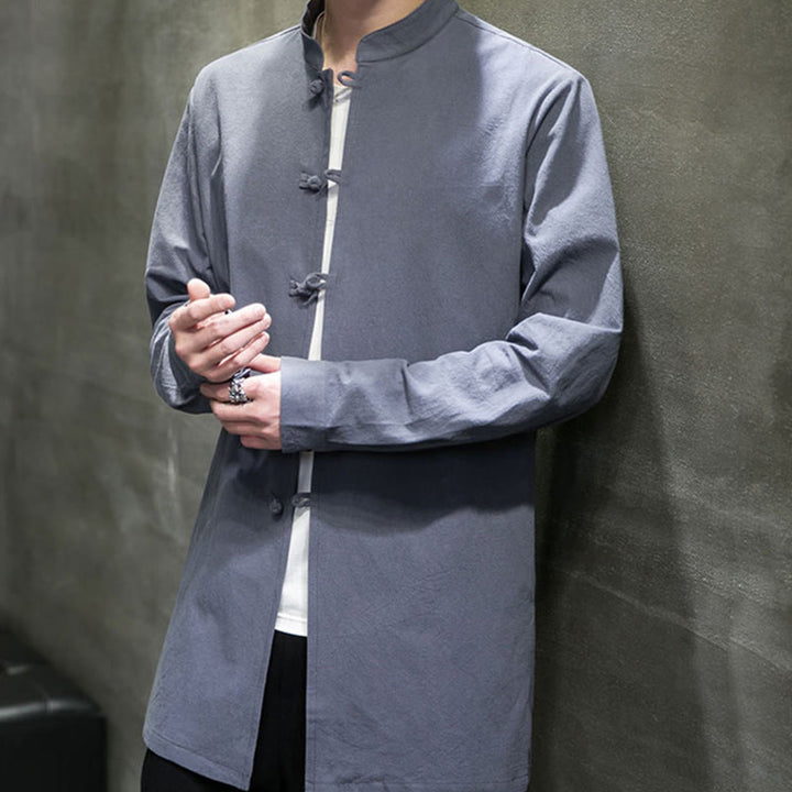 Buddha Stonesシンプル 唐装 無地 中国風 カエルボタン メンズ コットン 長袖 ジャケット シャツ - image 9