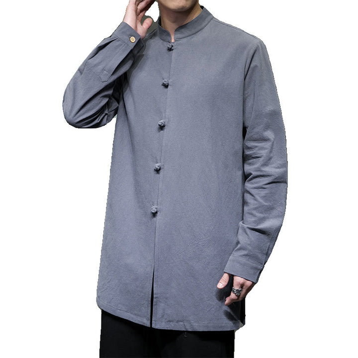 Buddha Stonesシンプル 唐装 無地 中国風 カエルボタン メンズ コットン 長袖 ジャケット シャツ - image 10