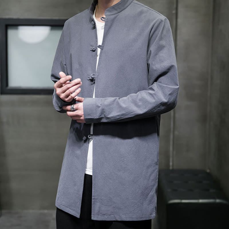 Buddha Stonesシンプル 唐装 無地 中国風 カエルボタン メンズ コットン 長袖 ジャケット シャツ - image 8