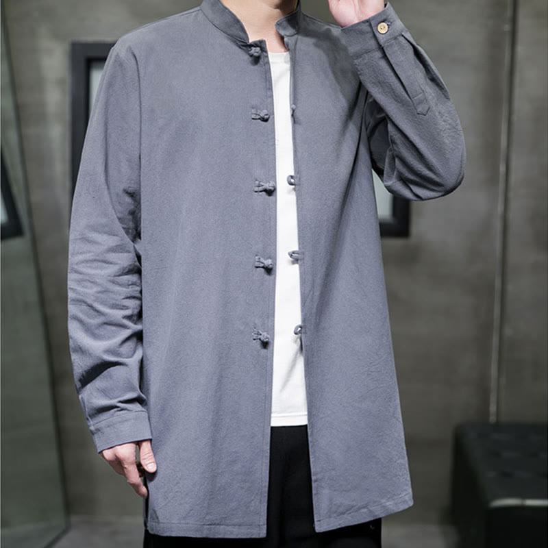 Buddha Stonesシンプル 唐装 無地 中国風 カエルボタン メンズ コットン 長袖 ジャケット シャツ - image 2