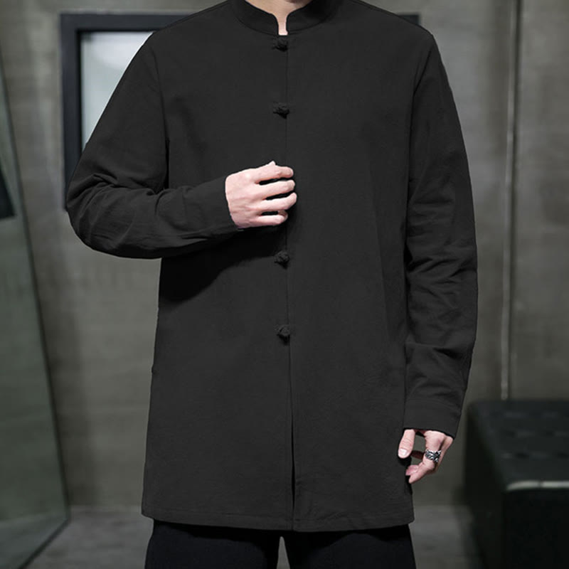 Buddha Stonesシンプル 唐装 無地 中国風 カエルボタン メンズ コットン 長袖 ジャケット シャツ - image 25